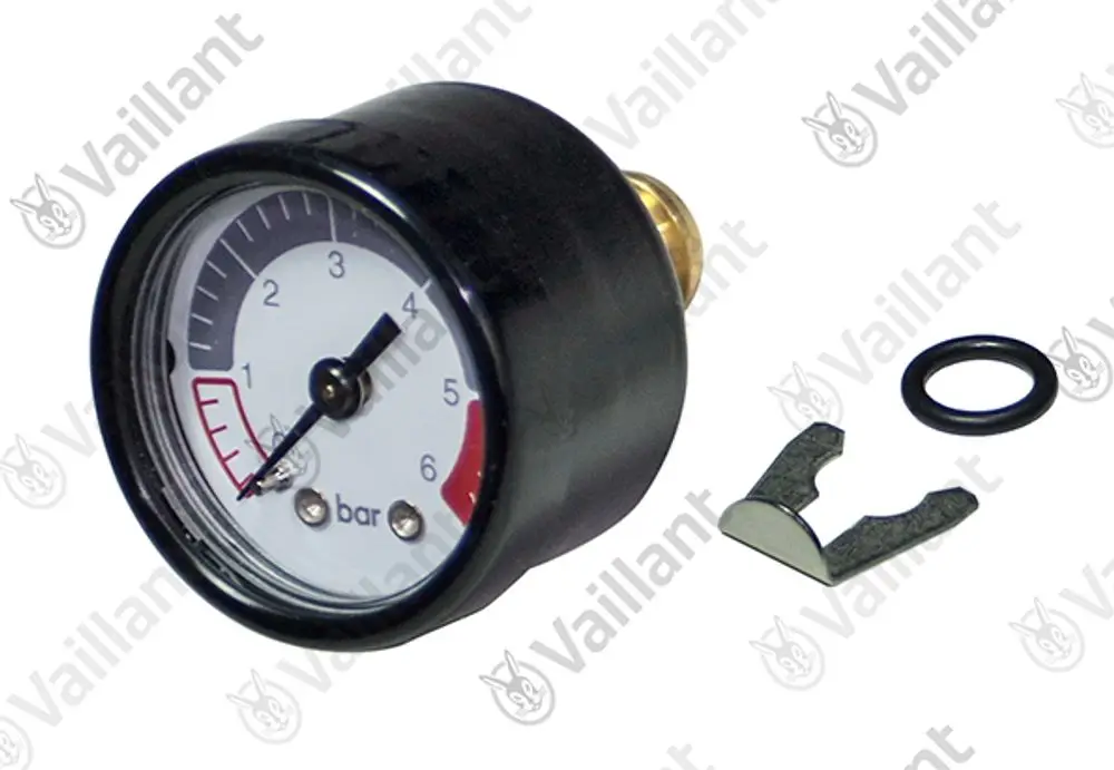 Vaillant-Manometer mit einem Ziffernblatt, das den Druck in bar anzeigt. Das Gerät ist mit einem O-Ring und einem Werkzeug zur Montage ausgestattet.